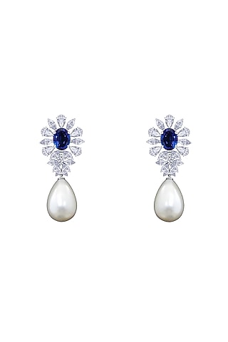 White Finish Pearl & Swarovski Dangler Earrings In Sterling Silver by Diosa Paris Jewellery