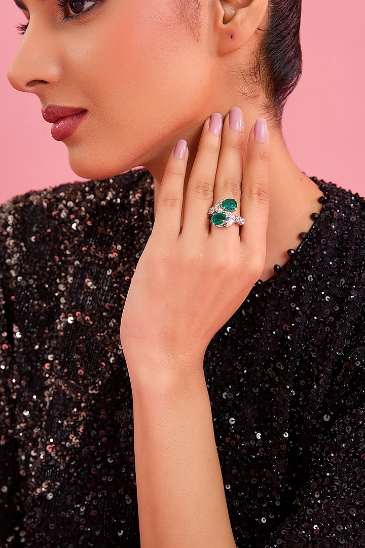 Silver Finish Green & White Stone Ring In Sterling Silver by Diosa Paris Jewellery at Pernia's Pop Up Shop