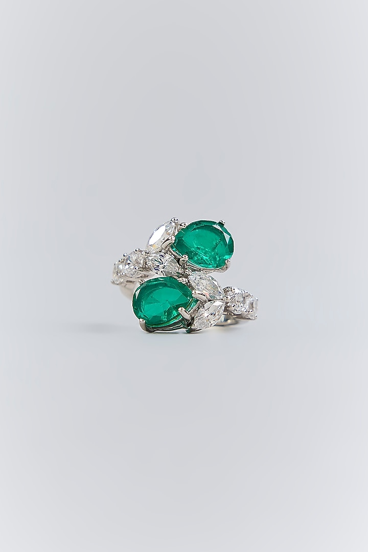 Silver Finish Green & White Stone Ring In Sterling Silver by Diosa Paris Jewellery at Pernia's Pop Up Shop