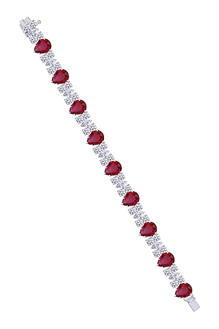 White Finish Ruby Synthetic Stone & Swarovski Zirconia Cuff Bracelet In Sterling Silver by Diosa Paris Jewellery