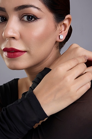 White Finish White Stone Stud Earrings In Sterling Silver by Diosa Paris Jewellery