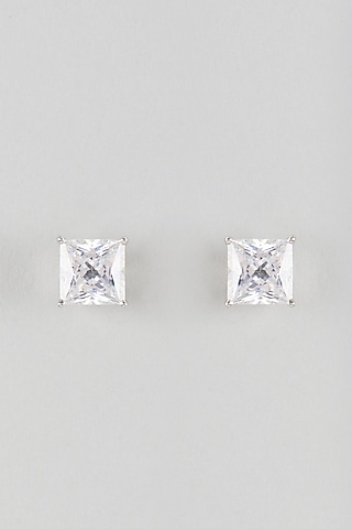 White Finish White Stone Stud Earrings In Sterling Silver by Diosa Paris Jewellery