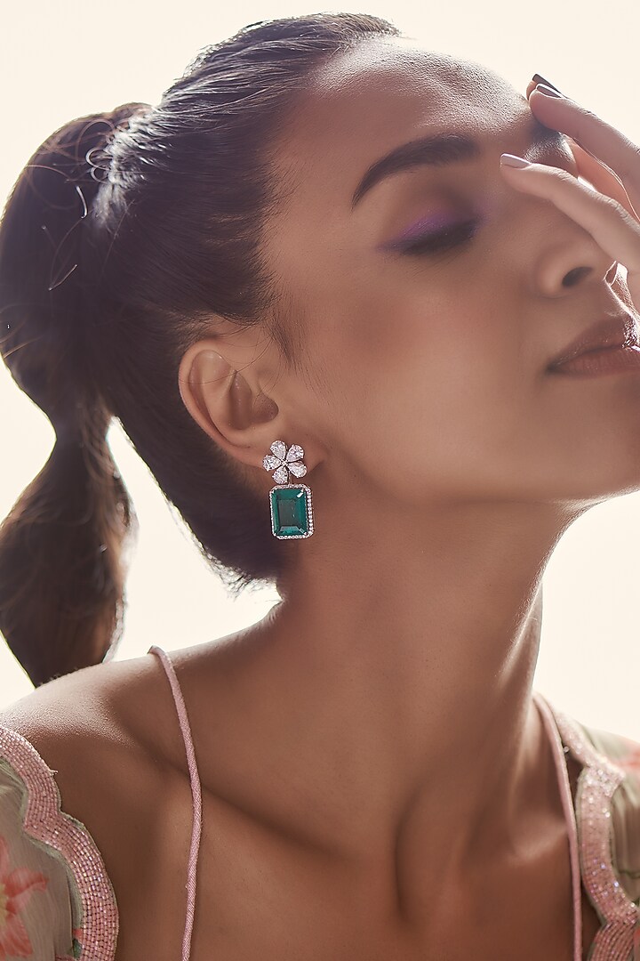 White Finish Emerald Earrings In Sterling Silver by Diosa Paris Jewellery at Pernia's Pop Up Shop