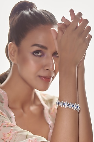 White Finish Sapphire Cuff Bracelet In Sterling Silver by Diosa Paris Jewellery
