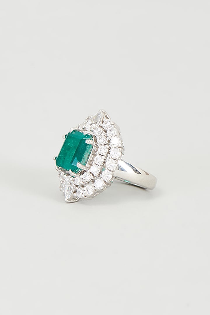White Finish Green Crystal Ring In Sterling Silver by Diosa Paris Jewellery at Pernia's Pop Up Shop