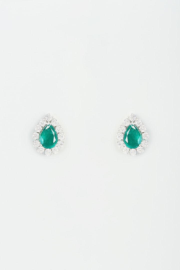 White Finish Emerald Synthetic Stone Stud Earrings In Sterling Silver by Diosa Paris Jewellery at Pernia's Pop Up Shop