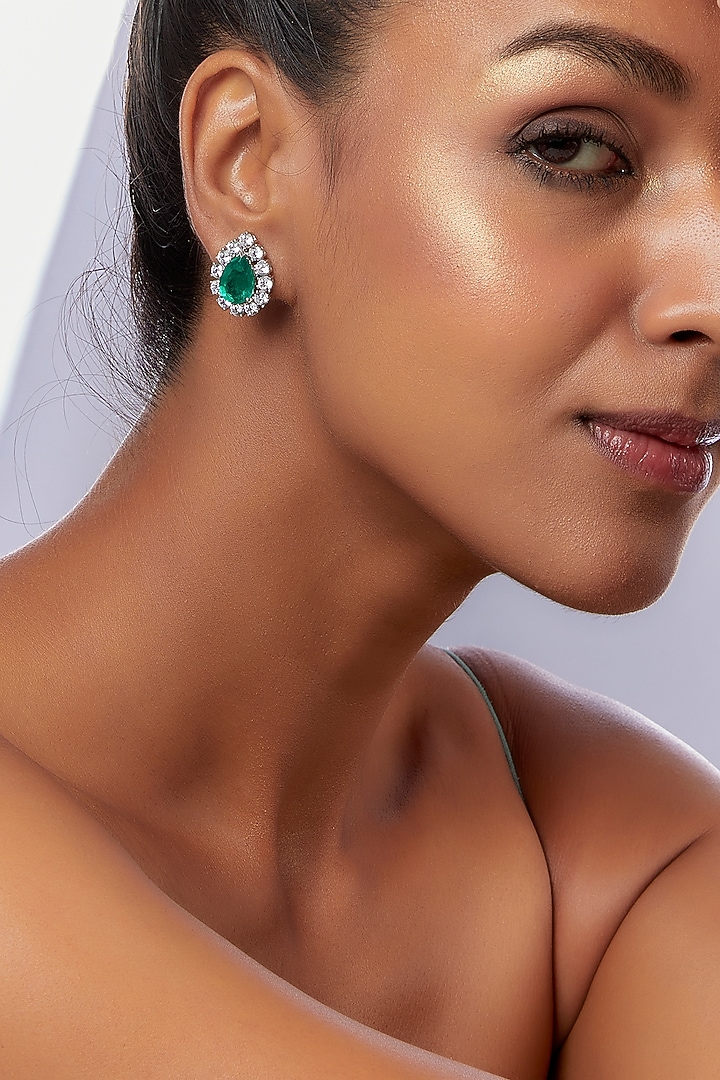 White Finish Emerald Synthetic Stone Stud Earrings In Sterling Silver by Diosa Paris Jewellery at Pernia's Pop Up Shop