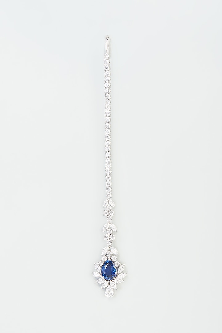 White Finish Synthetic Stone Maang Tikka In Sterling Silver by Diosa Paris Jewellery at Pernia's Pop Up Shop