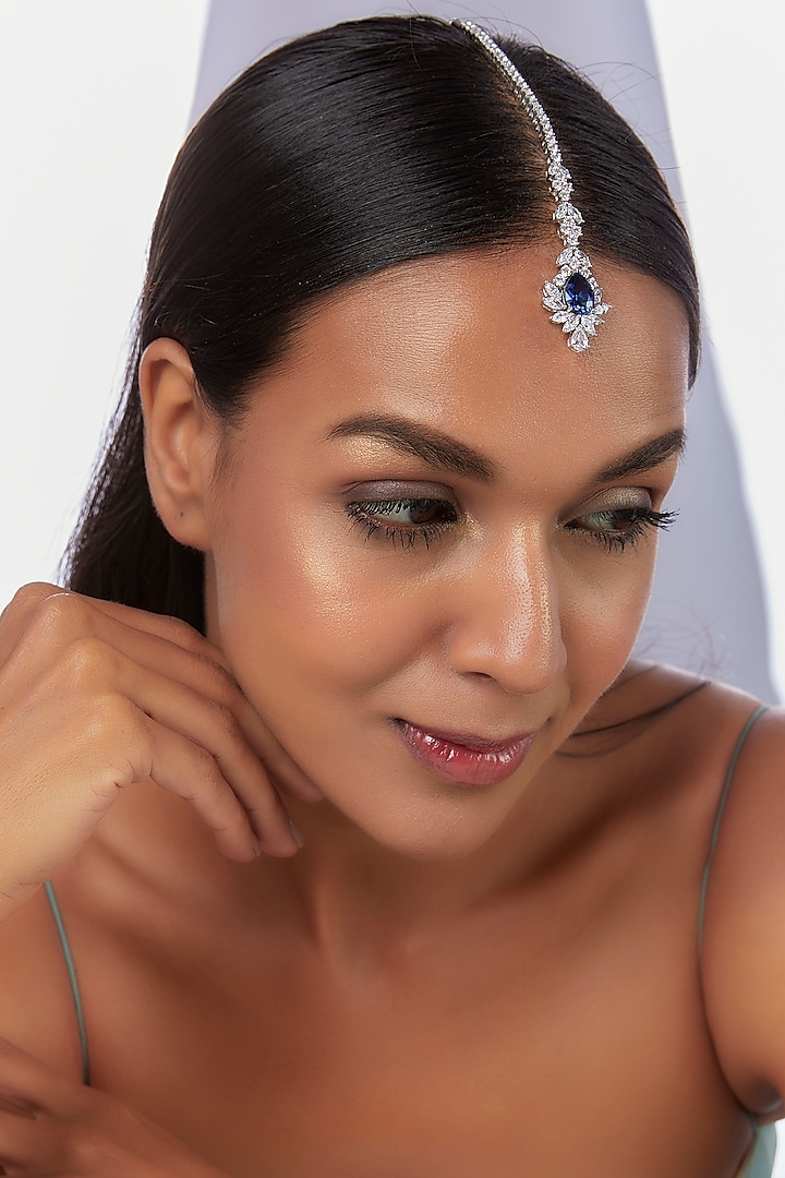 White Finish Synthetic Stone Maang Tikka In Sterling Silver by Diosa Paris Jewellery