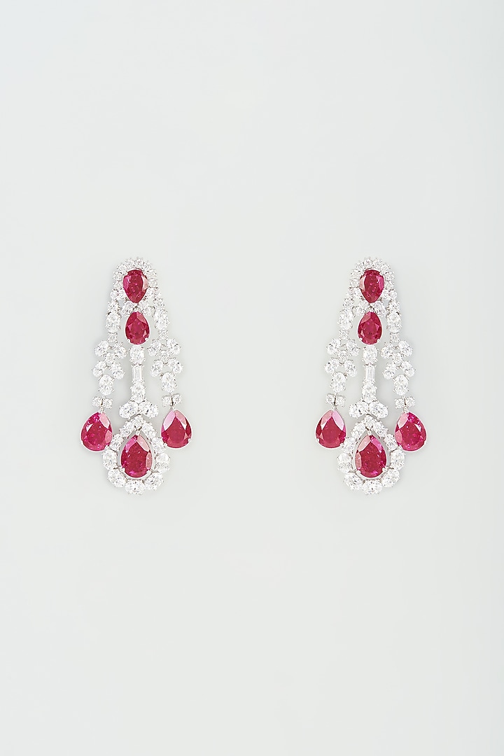 White Finish Red Synthetic Stone Dangler Earrings In Sterling Silver by Diosa Paris Jewellery at Pernia's Pop Up Shop