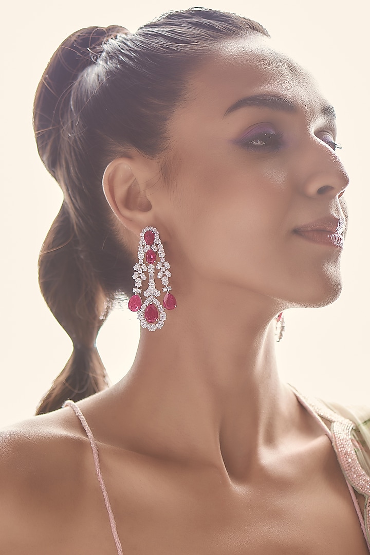 White Finish Red Synthetic Stone Dangler Earrings In Sterling Silver by Diosa Paris Jewellery at Pernia's Pop Up Shop