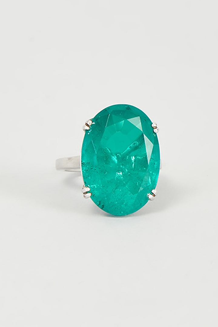 White Finish Green Stone Oval Ring In Sterling Silver by Diosa Paris Jewellery at Pernia's Pop Up Shop