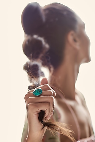 White Finish Green Stone Oval Ring In Sterling Silver by Diosa Paris Jewellery