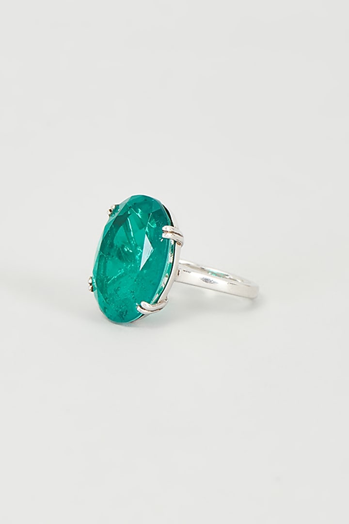 White Finish Green Stone Oval Ring In Sterling Silver by Diosa Paris Jewellery at Pernia's Pop Up Shop