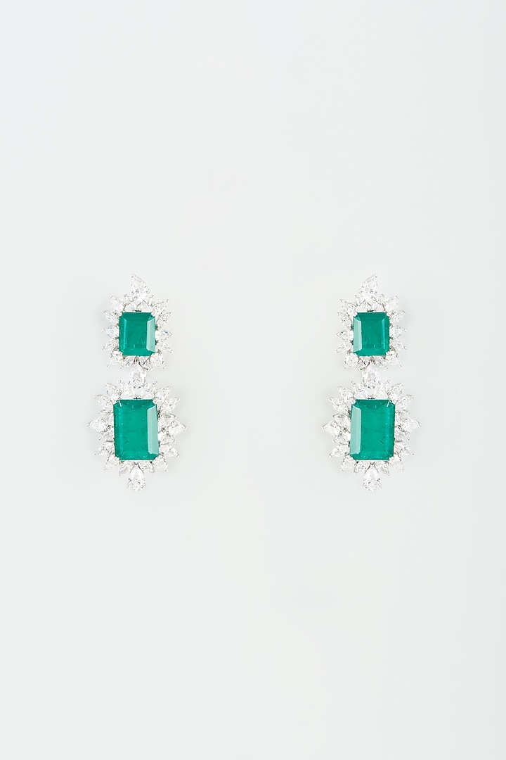 White Finish Green Synthetic Stone Dangler Earrings In Sterling Silver by Diosa Paris Jewellery at Pernia's Pop Up Shop