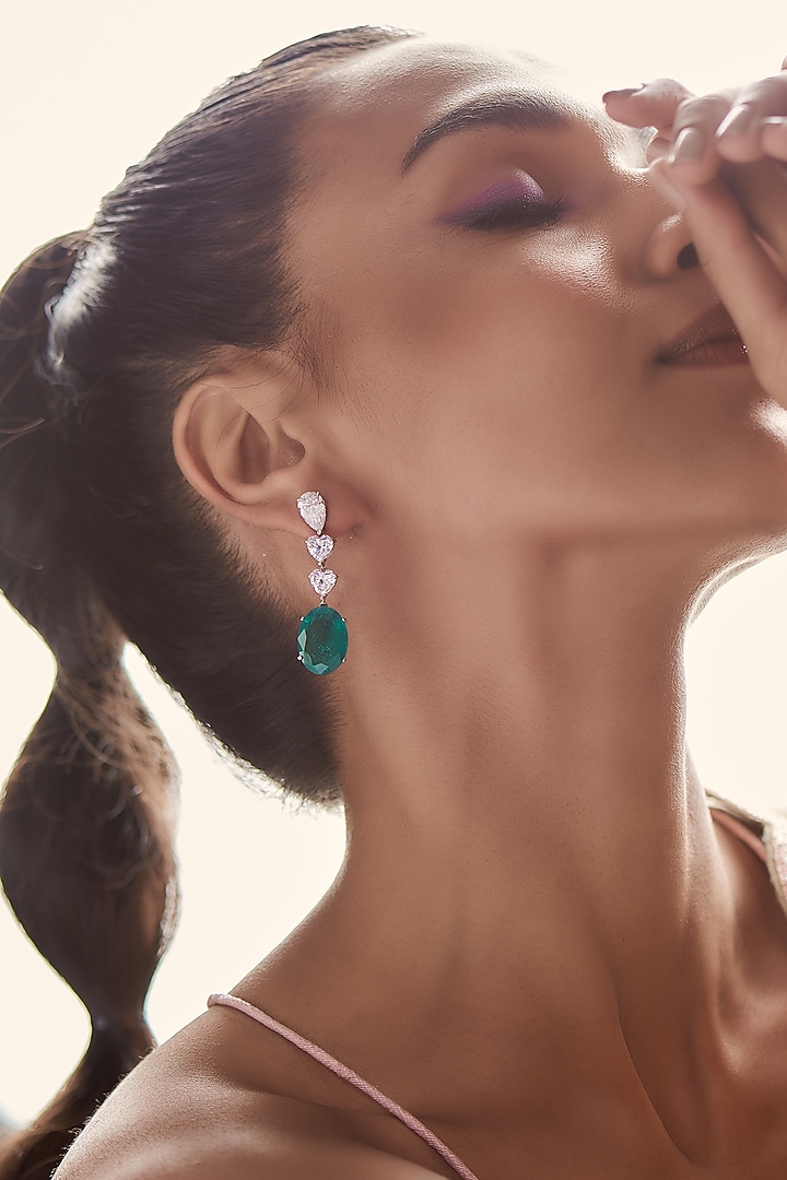 White Finish Green Synthetic Stone Dangler Earrings In Sterling Silver by Diosa Paris Jewellery at Pernia's Pop Up Shop