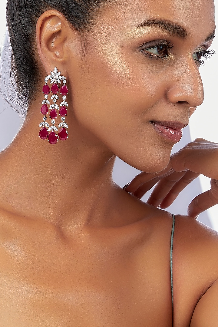 White Finish Red Synthetic Stone Dangler Earrings In Sterling Silver by Diosa Paris Jewellery at Pernia's Pop Up Shop