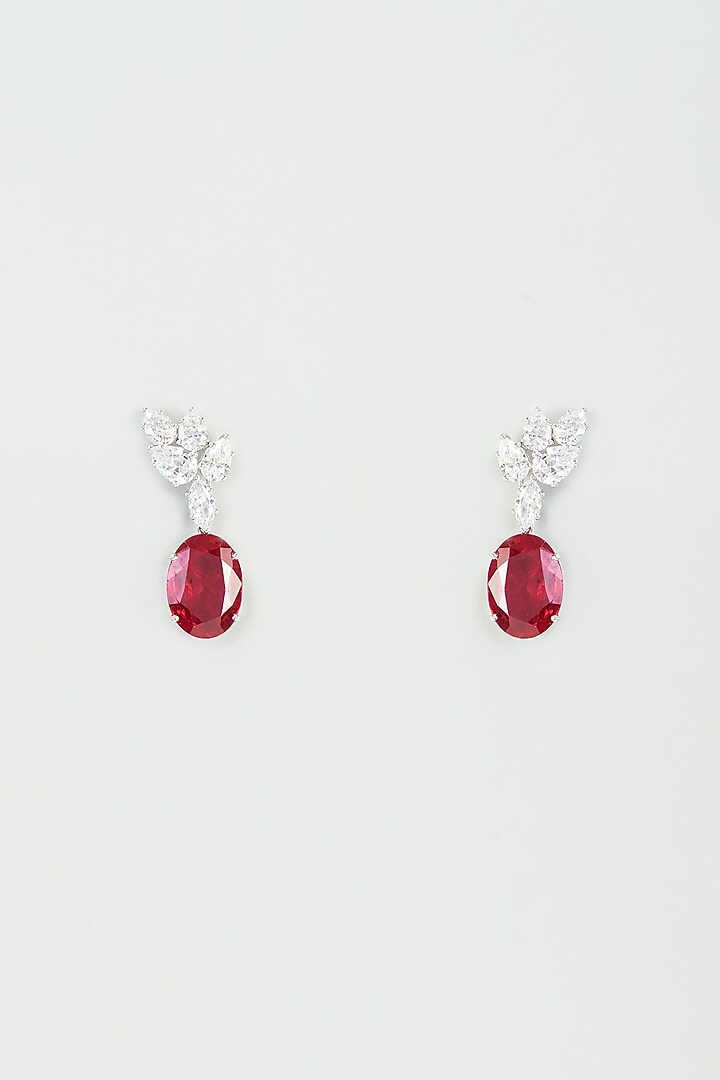 White Finish Red Synthetic Stone Dangler Earrings In Sterling Silver by Diosa Paris Jewellery at Pernia's Pop Up Shop