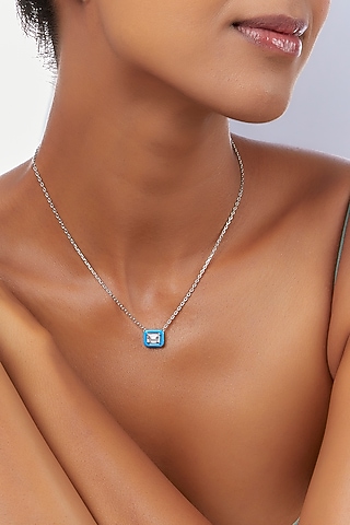 White Finish Swarovski Zirconia Enameled Pendant Necklace In Sterling Silver by Diosa Paris Silver Jewellery
