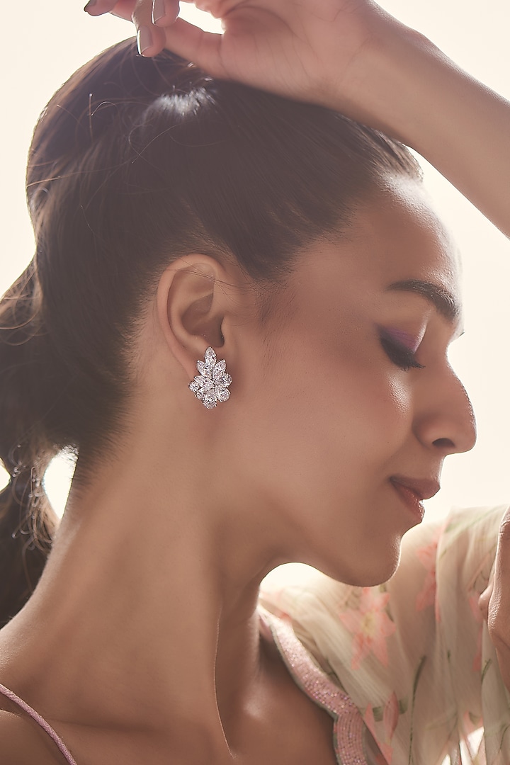 White Finish Zirconia Stud Earrings In Sterling Silver by Diosa Paris Jewellery at Pernia's Pop Up Shop