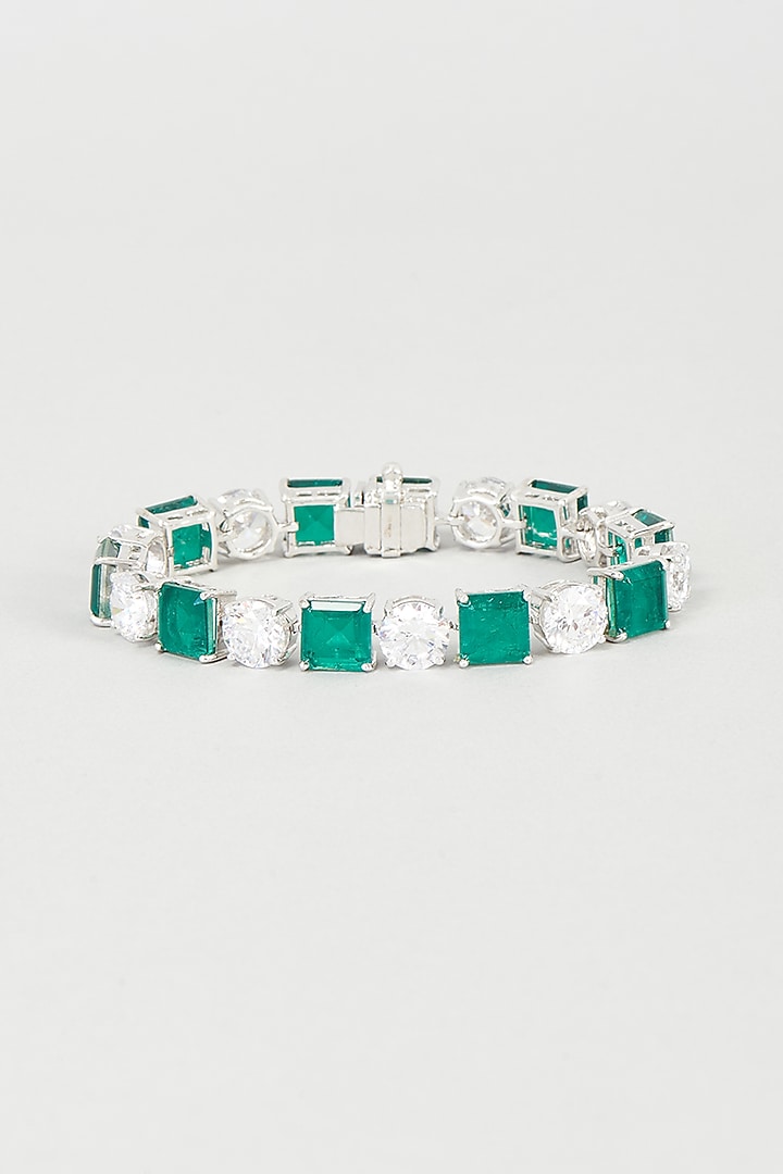 White Finish Green Swarovski Zirconia Bracelet In 92.5 Sterling Silver by Diosa Paris Silver Jewellery at Pernia's Pop Up Shop