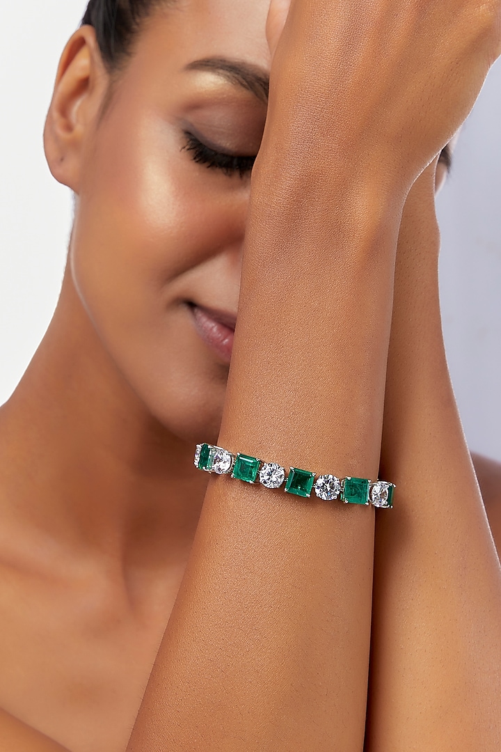 White Finish Green Swarovski Zirconia Bracelet In 92.5 Sterling Silver by Diosa Paris Silver Jewellery at Pernia's Pop Up Shop