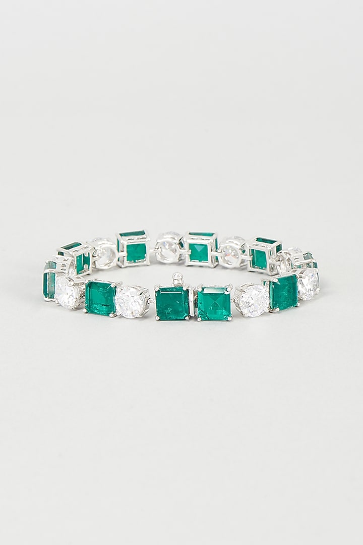 White Finish Green Swarovski Zirconia Bracelet In 92.5 Sterling Silver by Diosa Paris Silver Jewellery at Pernia's Pop Up Shop