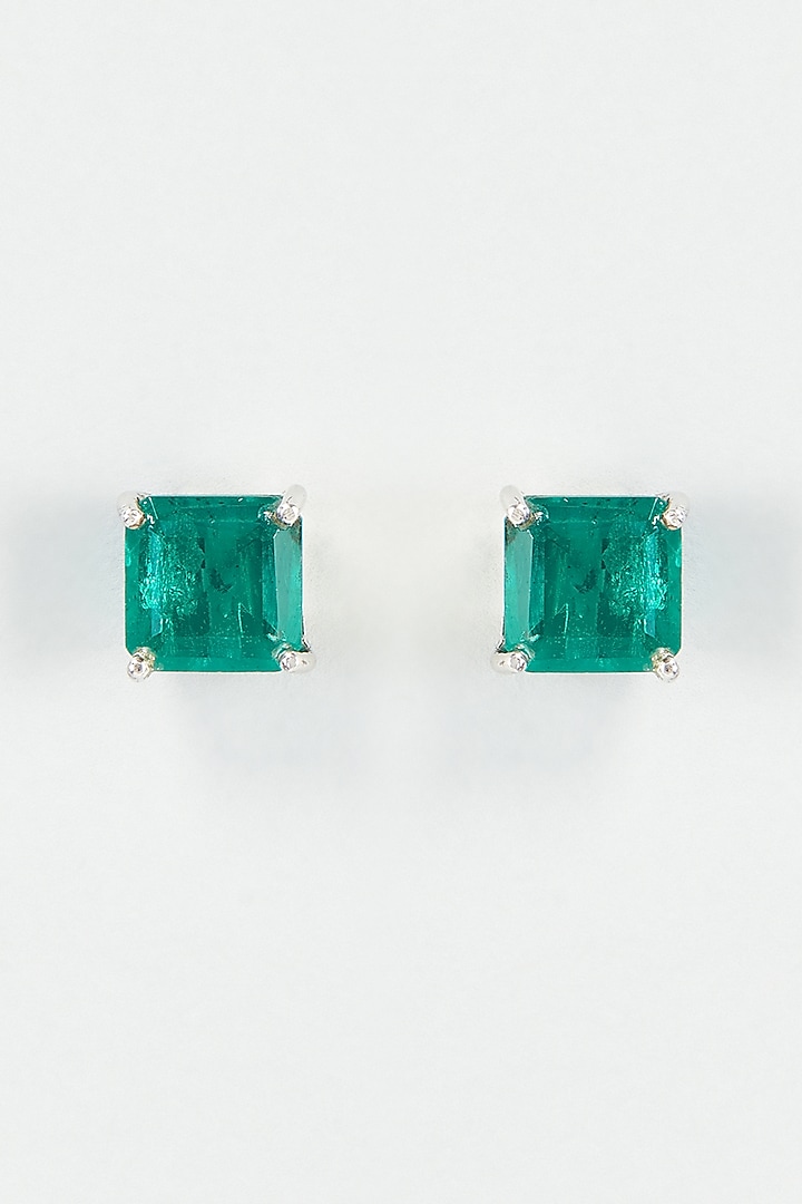 White Finish Green Swarovski Zirconia Stud Earrings In 92.5 Sterling Silver by Diosa Paris Silver Jewellery at Pernia's Pop Up Shop