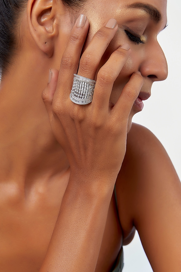 White Finish Swarovski Zirconia Ring In 92.5 Sterling Silver by Diosa Paris Jewellery at Pernia's Pop Up Shop