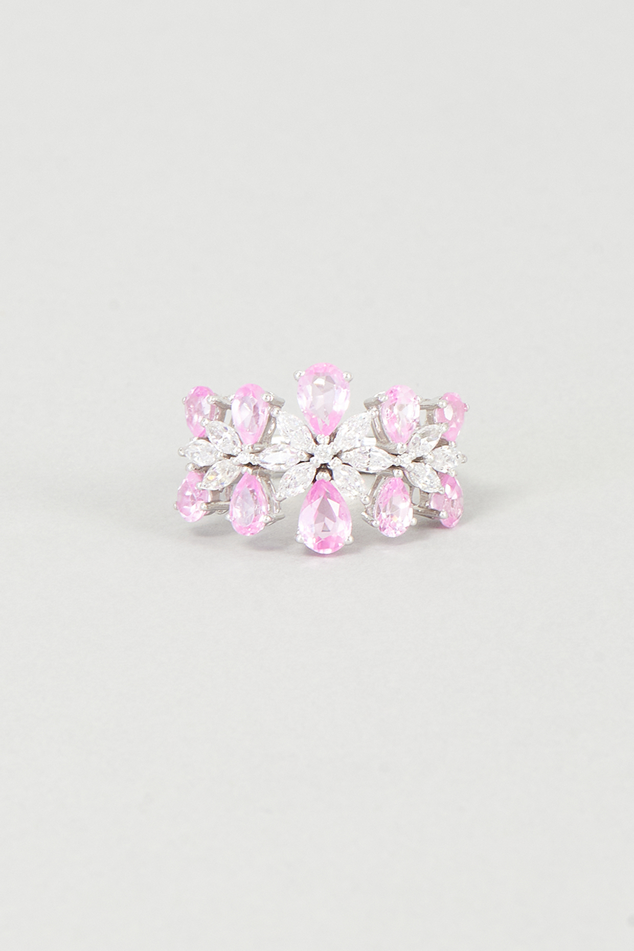 White Finish Pink Swarovski Zirconia Ring In 92.5 Sterling Silver by Diosa Paris Jewellery