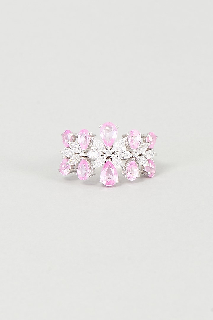 White Finish Pink Swarovski Zirconia Ring In 92.5 Sterling Silver by Diosa Paris Jewellery