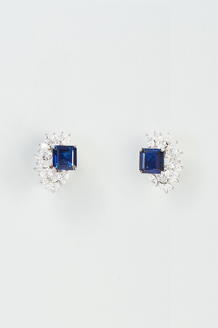 White Finish Blue Swarovski Zirconia Stud Earrings In 92.5 Sterling Silver by Diosa Paris Silver Jewellery at Pernia's Pop Up Shop