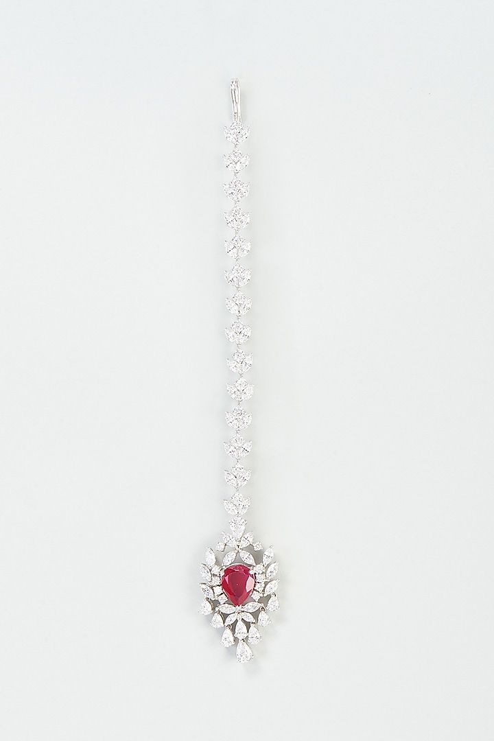 White Finish Swarovski Zirconia Maang Tikka In 92.5 Sterling Silver by Diosa Paris Silver Jewellery at Pernia's Pop Up Shop