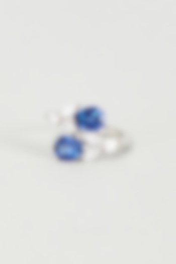 White Finish Blue Swarovski Zirconia Ring In 92.5 Sterling Silver by Diosa Paris Jewellery