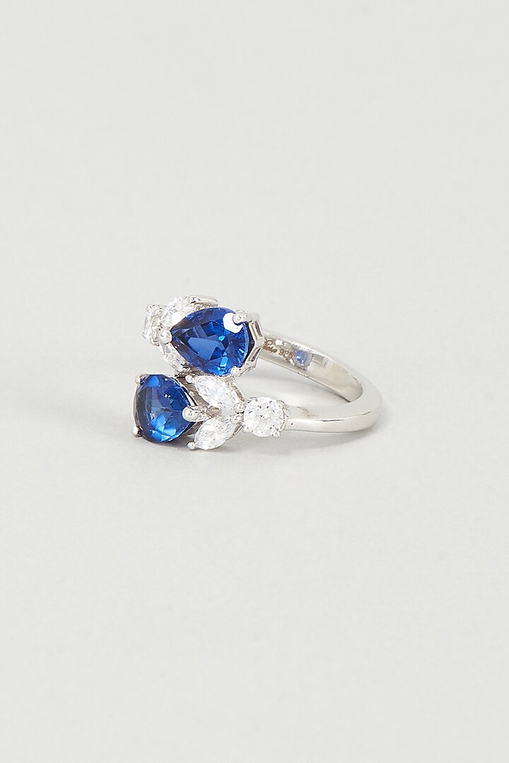 White Finish Blue Swarovski Zirconia Ring In 92.5 Sterling Silver by Diosa Paris Jewellery at Pernia's Pop Up Shop