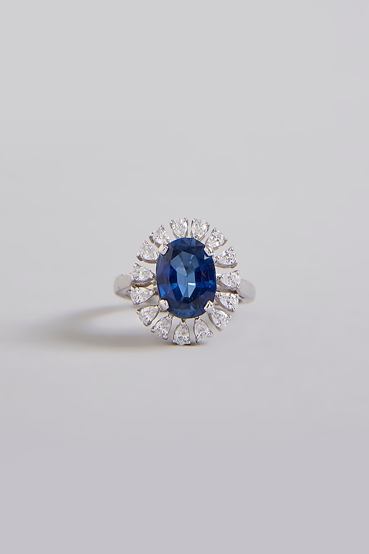 White Finish Blue Stone Ring In Sterling Silver by Diosa Paris Jewellery at Pernia's Pop Up Shop
