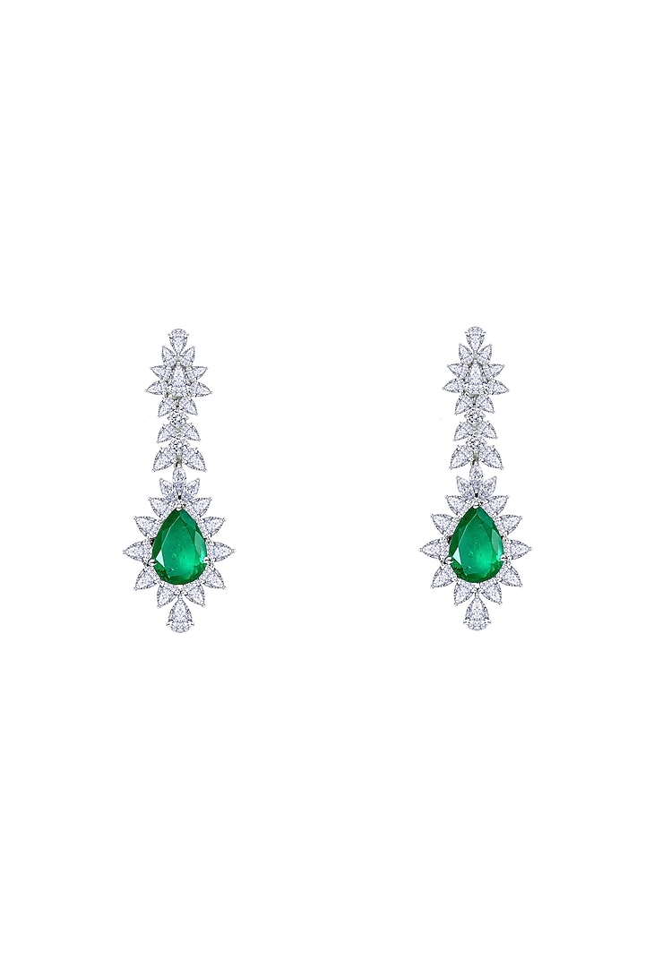 White Finish Emerald Stone & Swarovski Zirconia Chandelier Earrings In Sterling Silver by Diosa Paris Jewellery at Pernia's Pop Up Shop