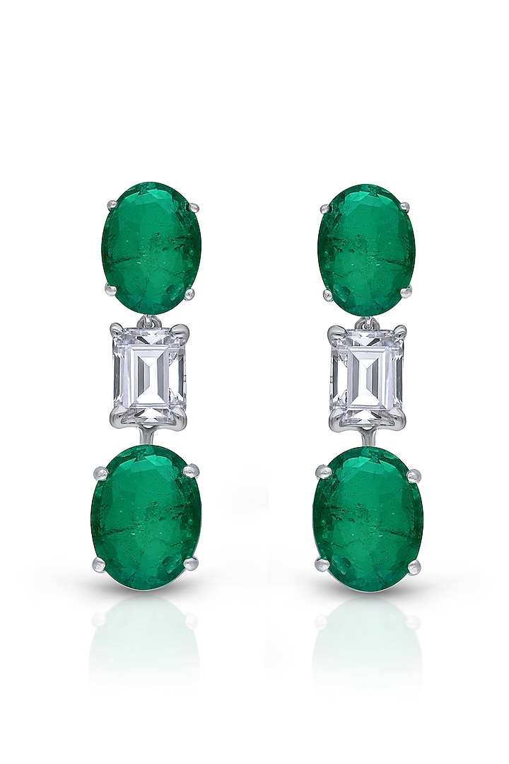 White Finish Mix-Shaped Emerald Stone & Swarovski Zirconia Dangler Earrings In Sterling Silver by Diosa Paris Jewellery at Pernia's Pop Up Shop