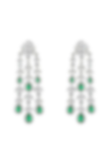 White Finish Emerald Green Stone & Swarovski Zirconia Chandelier Earrings In Sterling Silver by Diosa Paris Jewellery at Pernia's Pop Up Shop