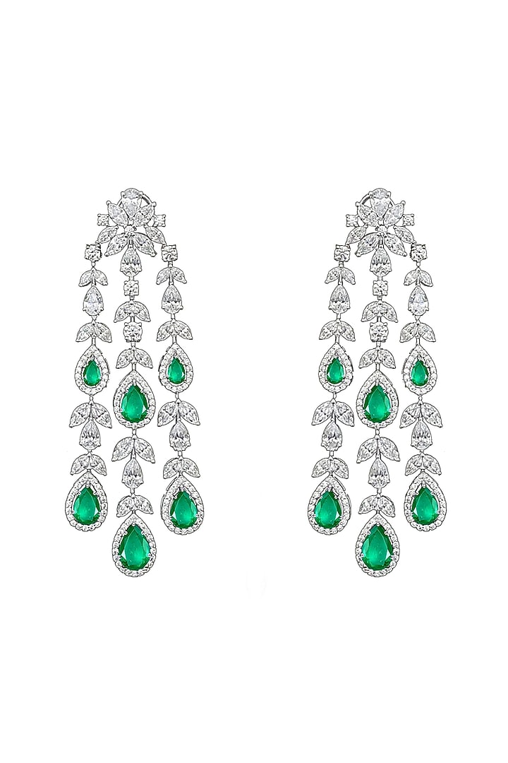 White Finish Emerald Green Stone & Swarovski Zirconia Chandelier Earrings In Sterling Silver by Diosa Paris Jewellery at Pernia's Pop Up Shop