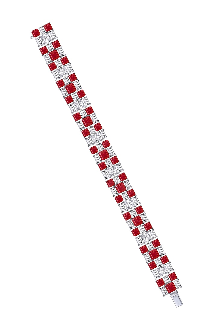 White FInish Ruby Stone & Swarovski Zirconia Cuff Bracelet In Sterling Silver by Diosa Paris Jewellery at Pernia's Pop Up Shop