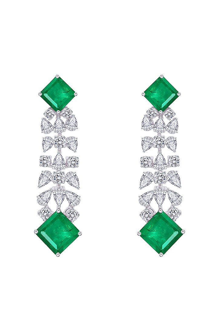 White Finish Princess-Shaped Emerald Stone & Swarovski Zirconia Dangler Earrings In Sterling Silver by Diosa Paris Jewellery at Pernia's Pop Up Shop