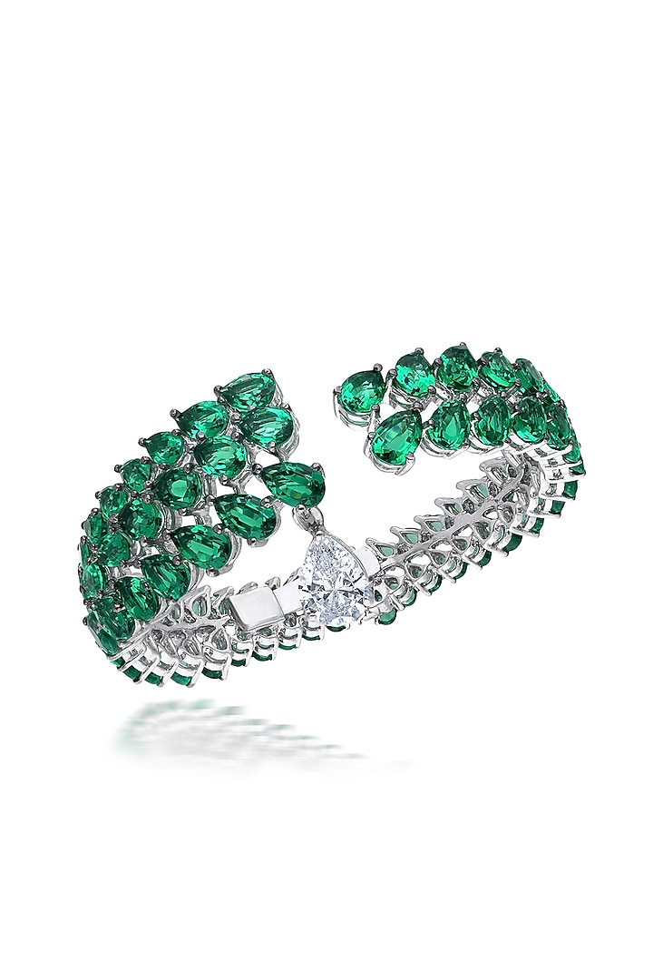 White Rhodium Finish Emerald Swarovski Zirconia Bangle In Sterling Silver by Diosa Paris Jewellery at Pernia's Pop Up Shop