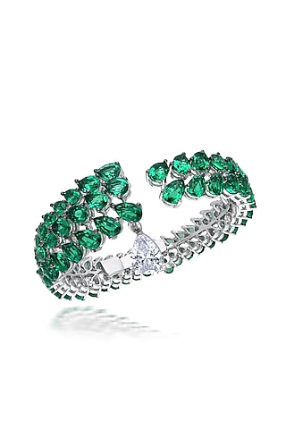 White Rhodium Finish Emerald Swarovski Zirconia Bangle In Sterling Silver by Diosa Paris Jewellery