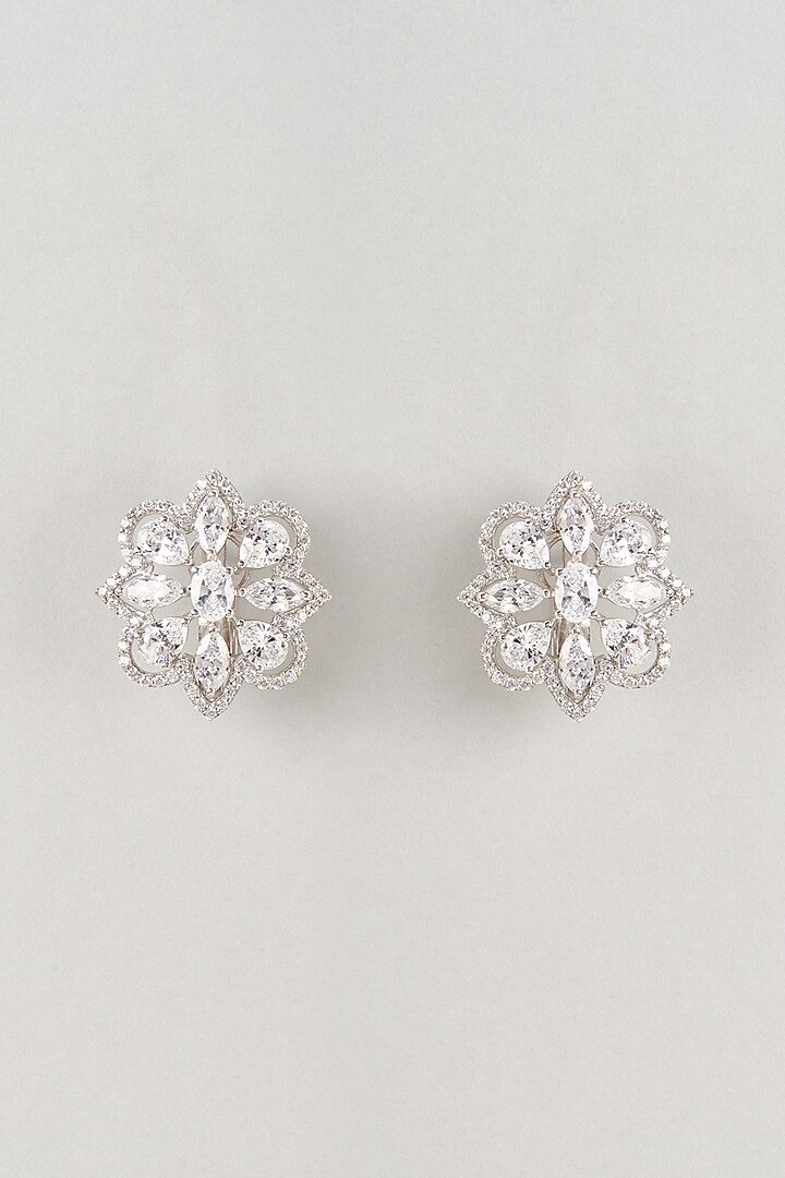 White Finish Zircon Floral Stud Earrings In Sterling Silver by Diosa Paris Jewellery at Pernia's Pop Up Shop