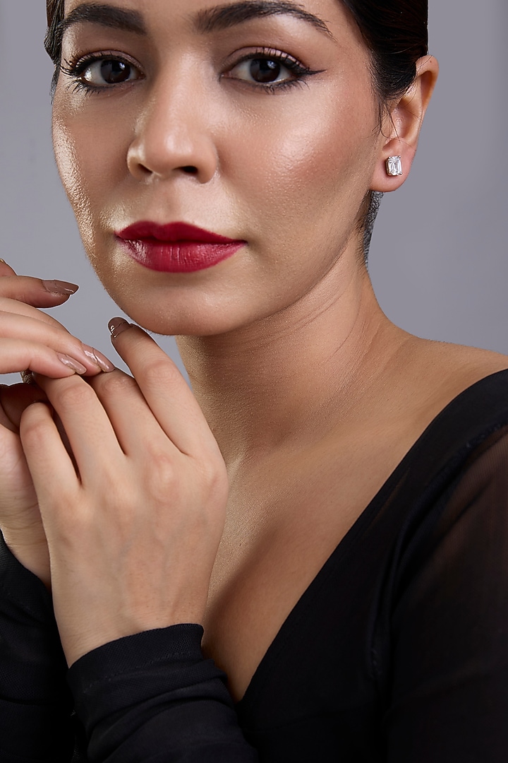 White Finish White Stone Stud Earrings In Sterling Silver by Diosa Paris Jewellery at Pernia's Pop Up Shop