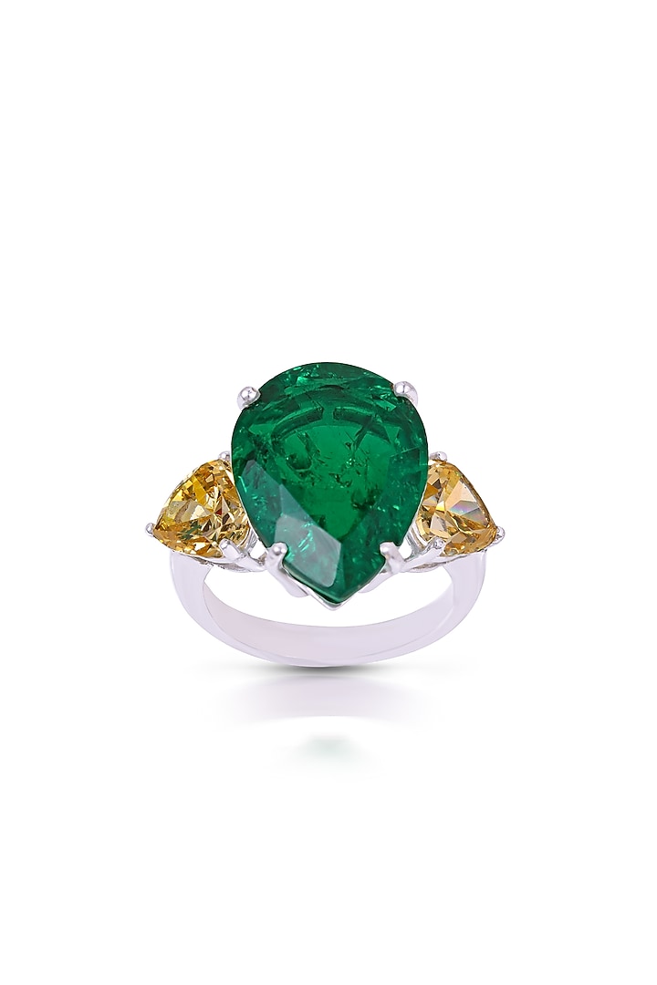 White Rhodium Finish Emerald Green Swarovski Zirconia Ring In Sterling Silver by Diosa Paris Jewellery at Pernia's Pop Up Shop
