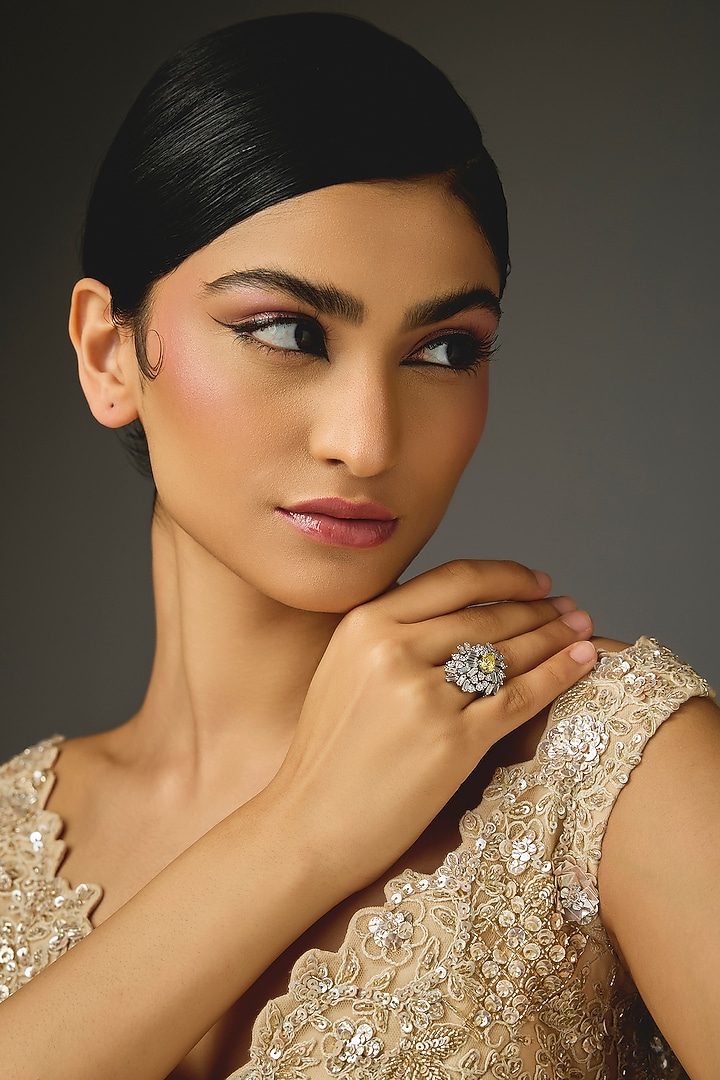 White Finish Yellow Stone Ring In Sterling Silver by Diosa Paris Jewellery at Pernia's Pop Up Shop