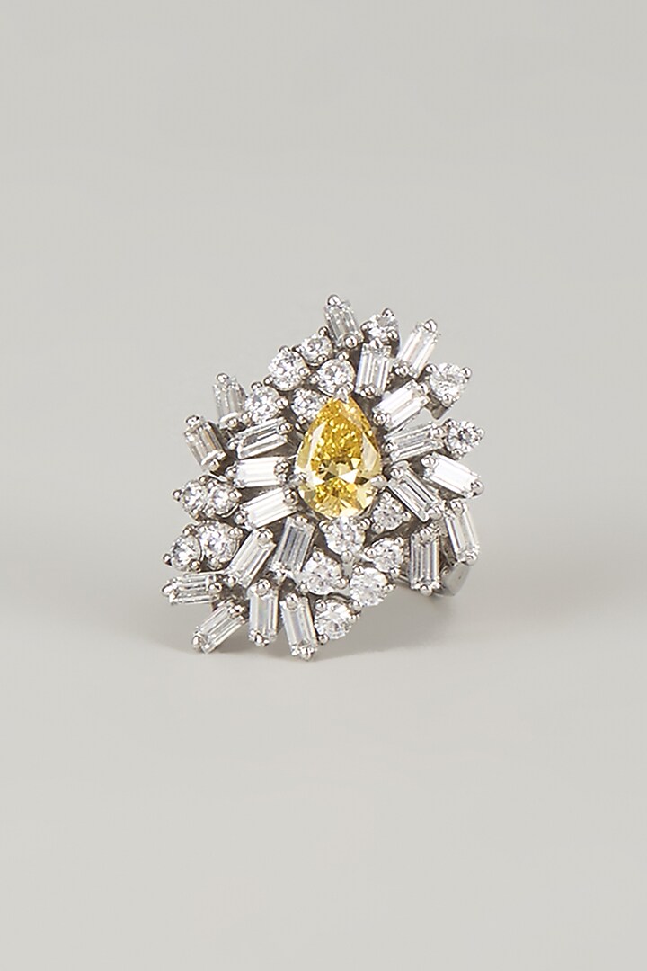 White Finish Yellow Stone Ring In Sterling Silver by Diosa Paris Jewellery at Pernia's Pop Up Shop