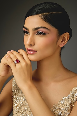 White Finish Red Stone Ring In Sterling Silver by Diosa Paris Jewellery